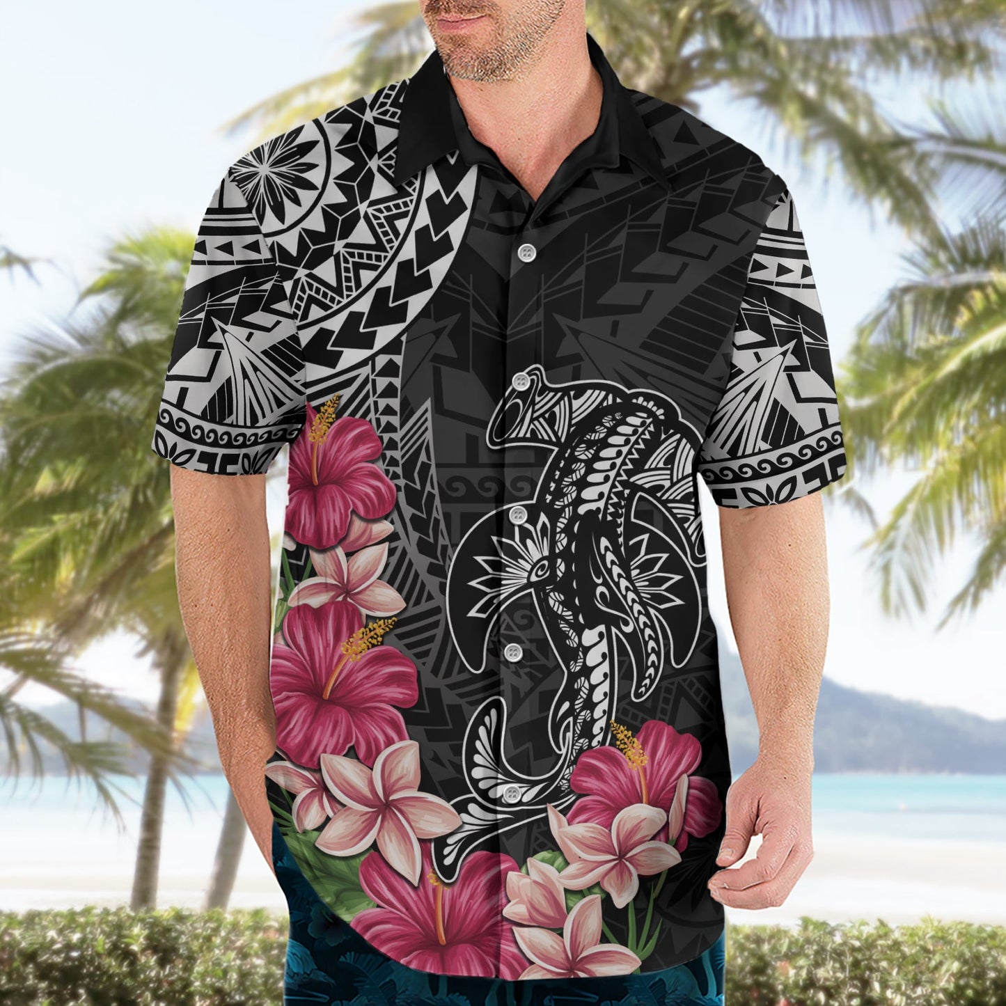 Schwarzes Hawaiihemd mit polynesischem Hammerhai-Tribal-Muster LT05
