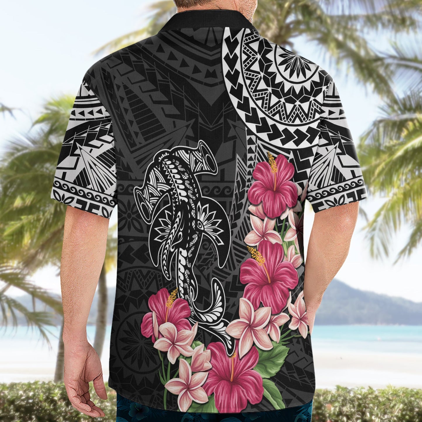 Schwarzes Hawaiihemd mit polynesischem Hammerhai-Tribal-Muster LT05