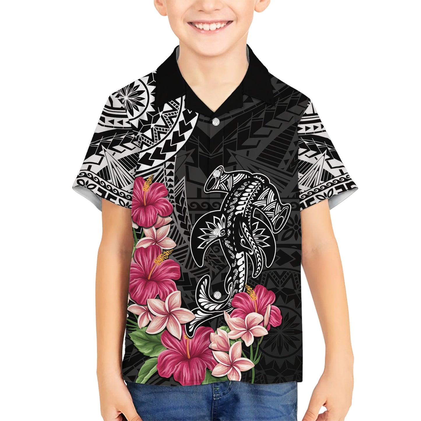 Schwarzes Hawaiihemd mit polynesischem Hammerhai-Tribal-Muster LT05