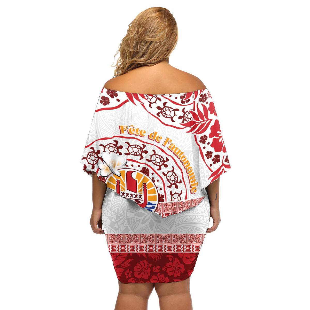 Französisch-Polynesien - Interner Autonomietag - Schulterfreies, kurzes blumen kleid - Tropisches Hibiskus- und Schildkrötenmuster - LT05