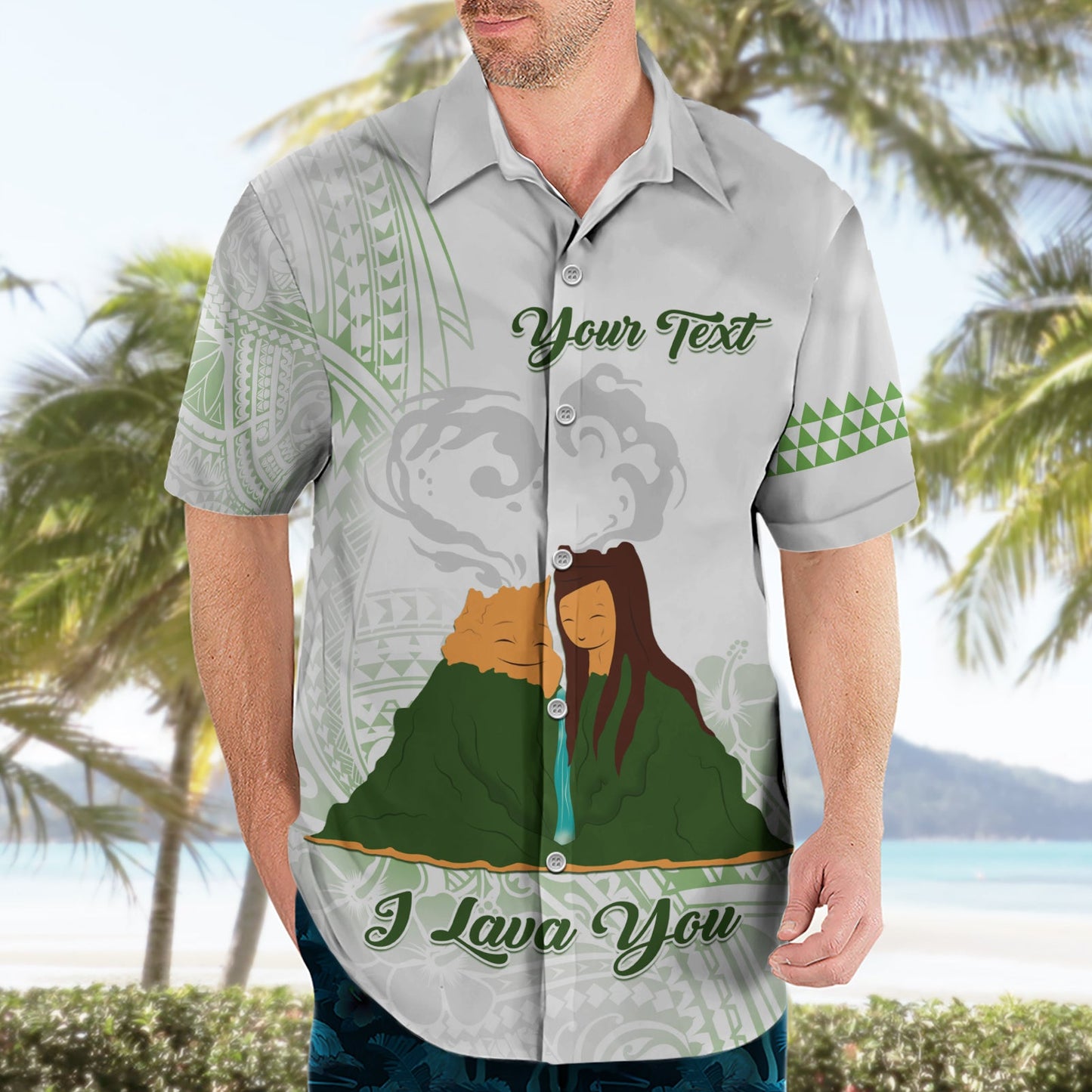 Personalisiertes I LAVA YOU Vulkan Valentinstag Hawaiihemd Polynesisches Tribal Muster LT05