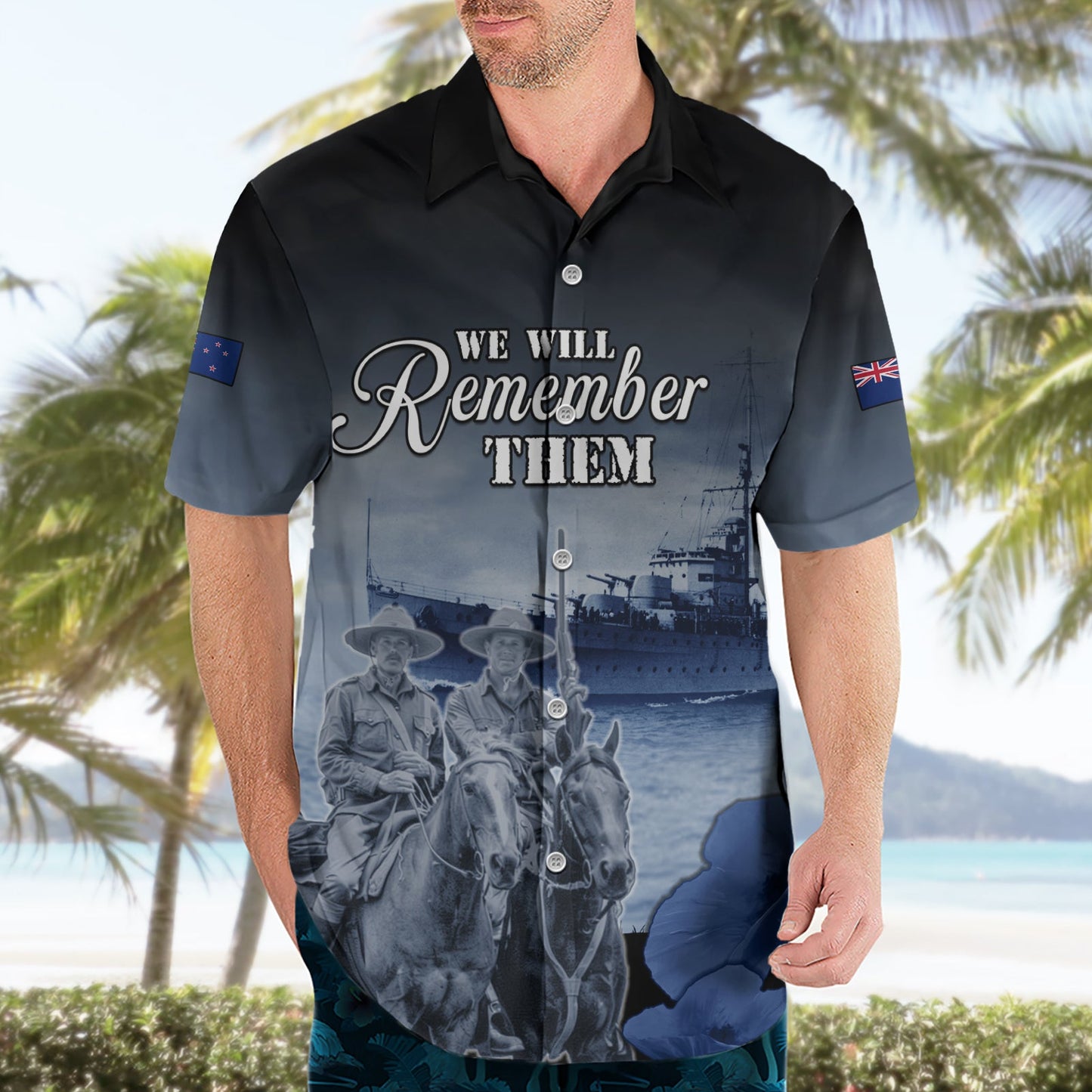 Hawaiihemd zum ANZAC Day in Neuseeland HMNZS Achilles We Will Remember Them LT05