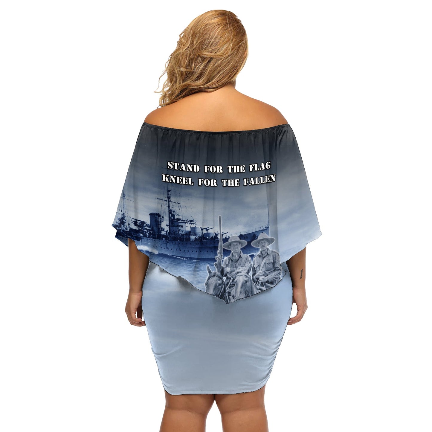 Neuseeland ANZAC Day Schulterfreies Kurzes Kleid blumen HMNZS Achilles We Will Remember Them LT05