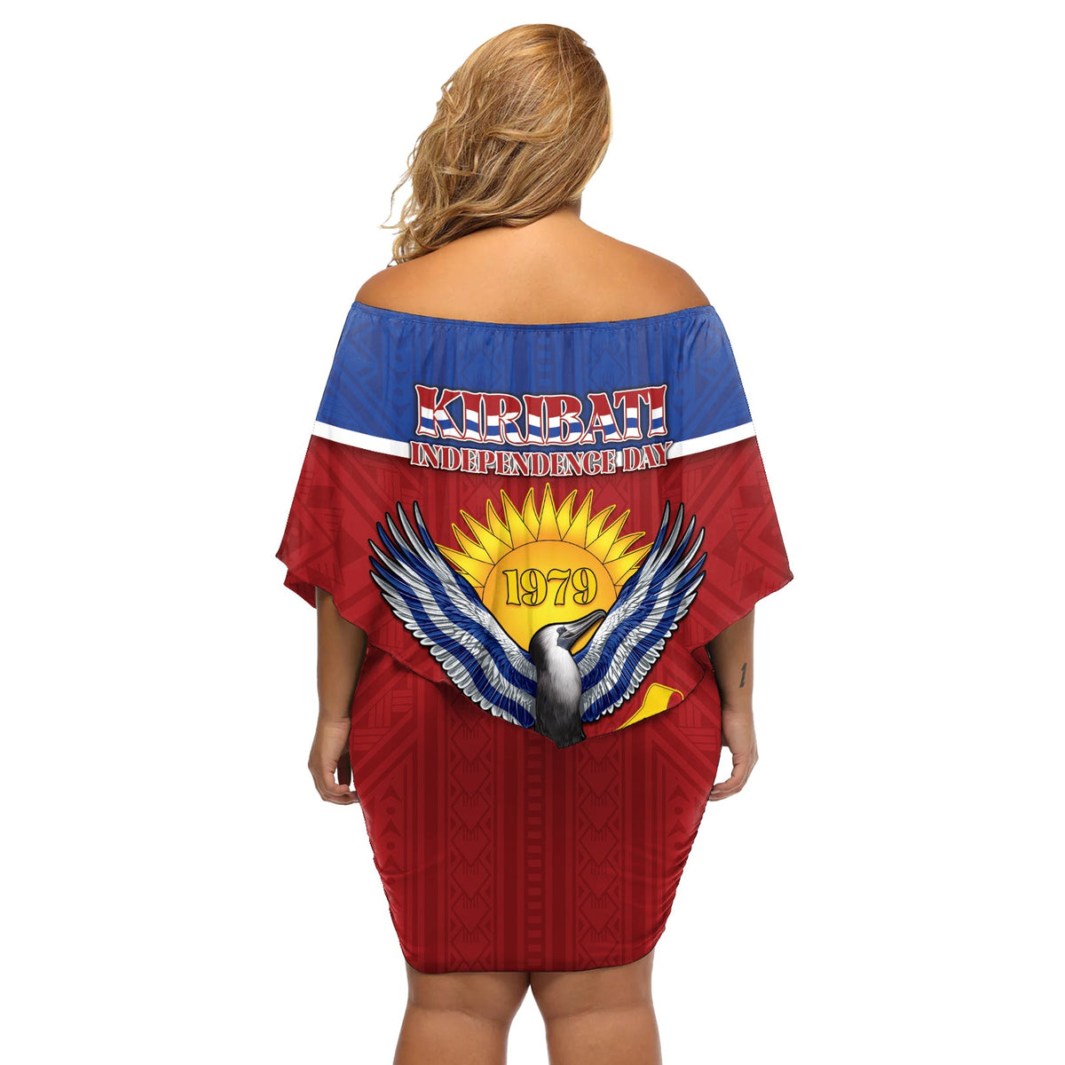 Kiribati 45. Unabhängigkeitstag Schulterfreies kurzes Kleid mit blumen Kleiner Fregattvogel Tribal Muster LT05