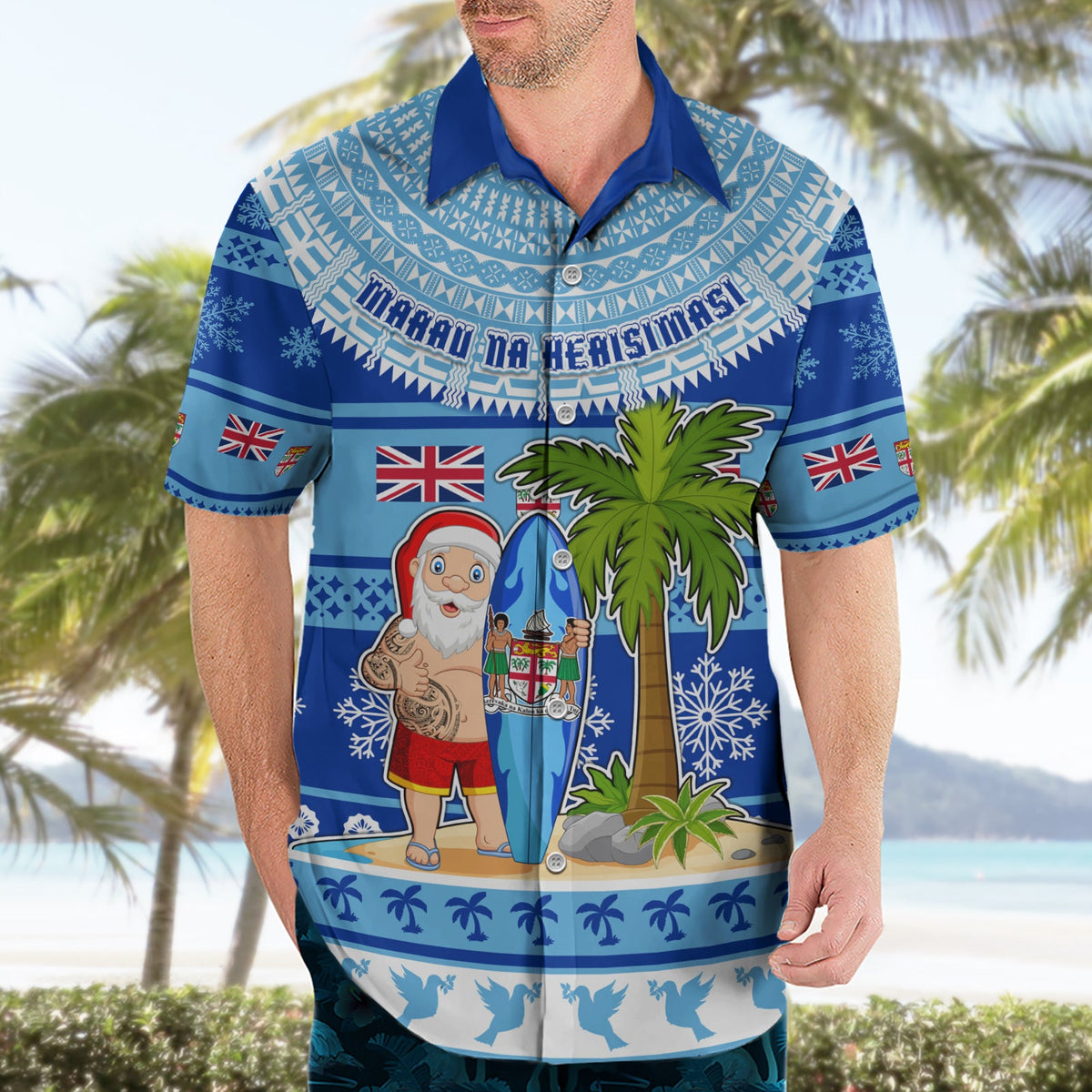 Personalisiertes Fidschi Weihnachten Hawaiihemd Weihnachtsmann Surf Marau Na Kerisimasi LT05