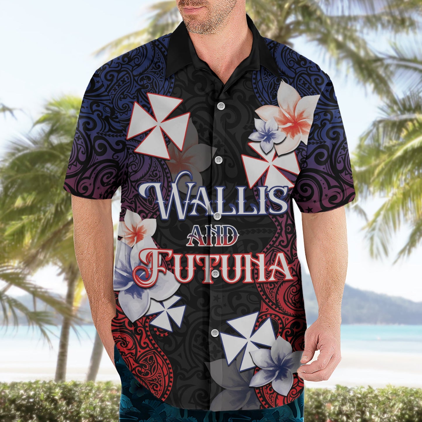 Wallis und Futuna Uvea Hawaiihemd Tag des Sieges mit Frangipani LT05