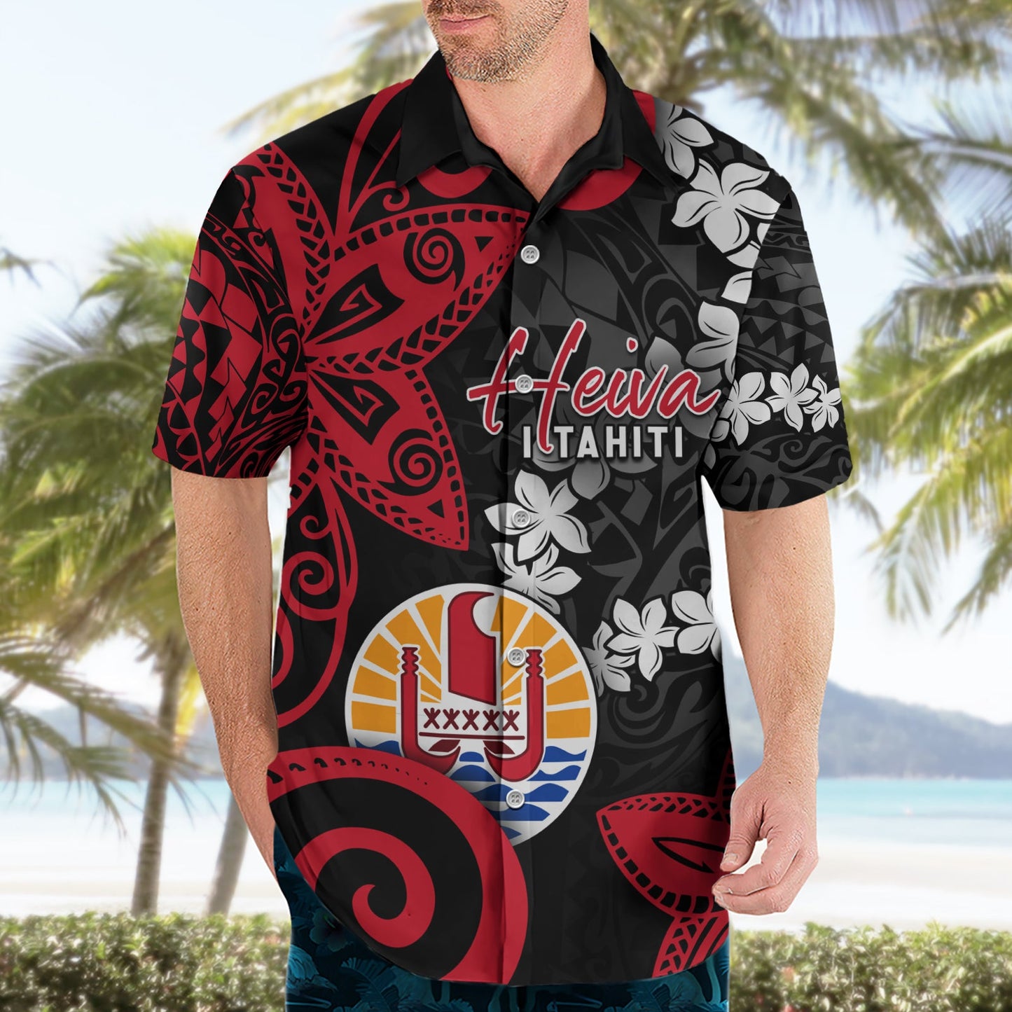 Tahiti Heiva Festival Hawaiihemd Blumenmuster mit Wappen LT05