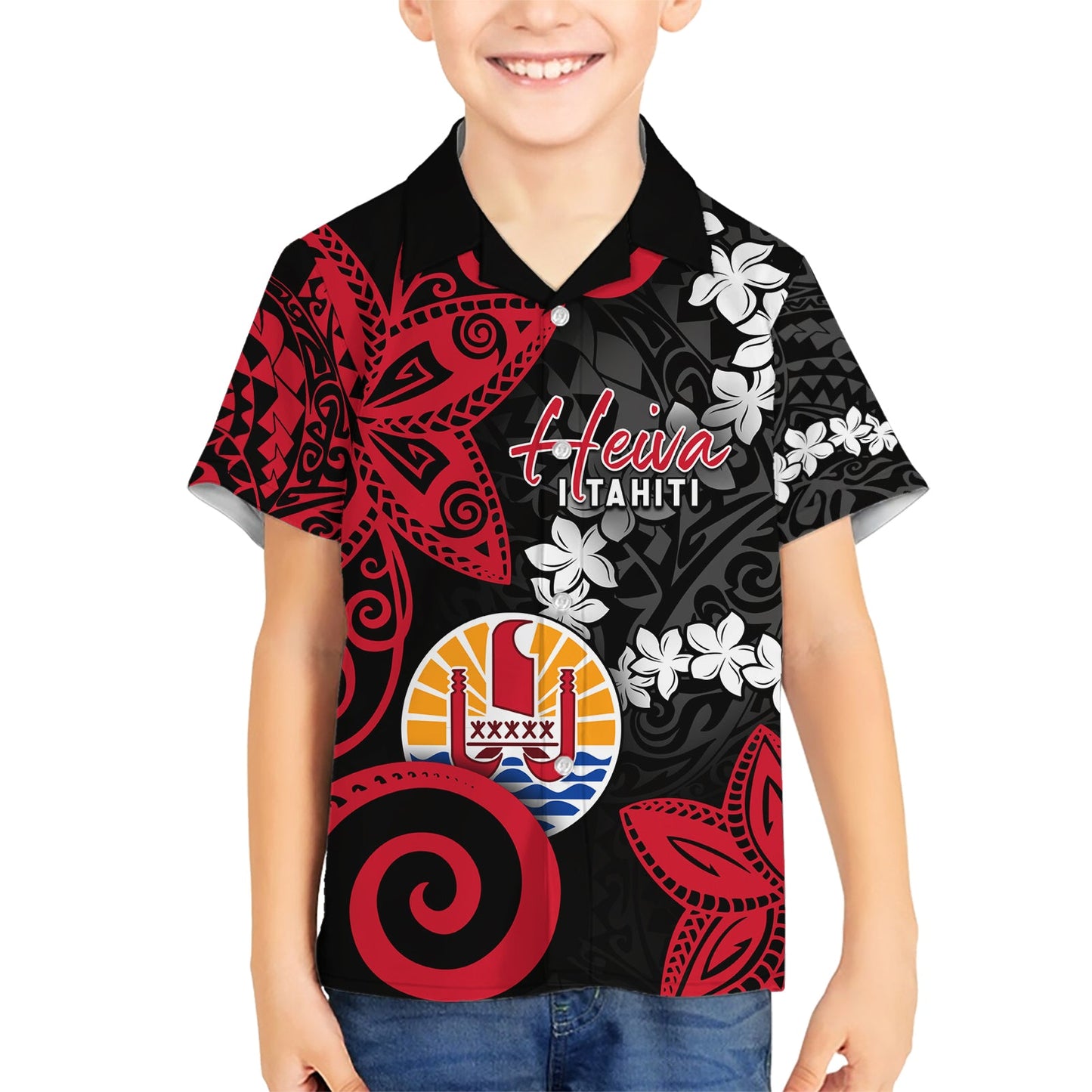 Tahiti Heiva Festival Hawaiihemd Blumenmuster mit Wappen LT05