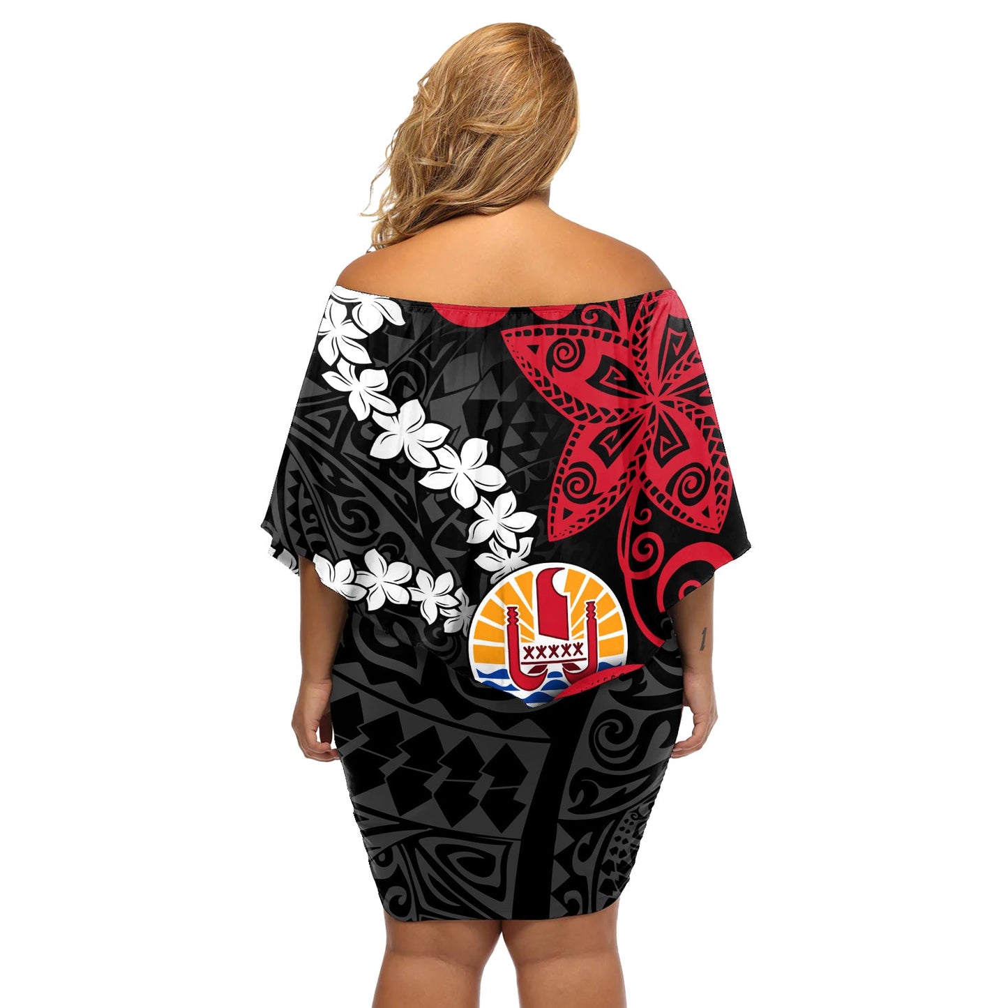 Tahiti Heiva Festival Schulterfreies Kurzes Kleid blumen Blumenmuster Mit Wappen LT05