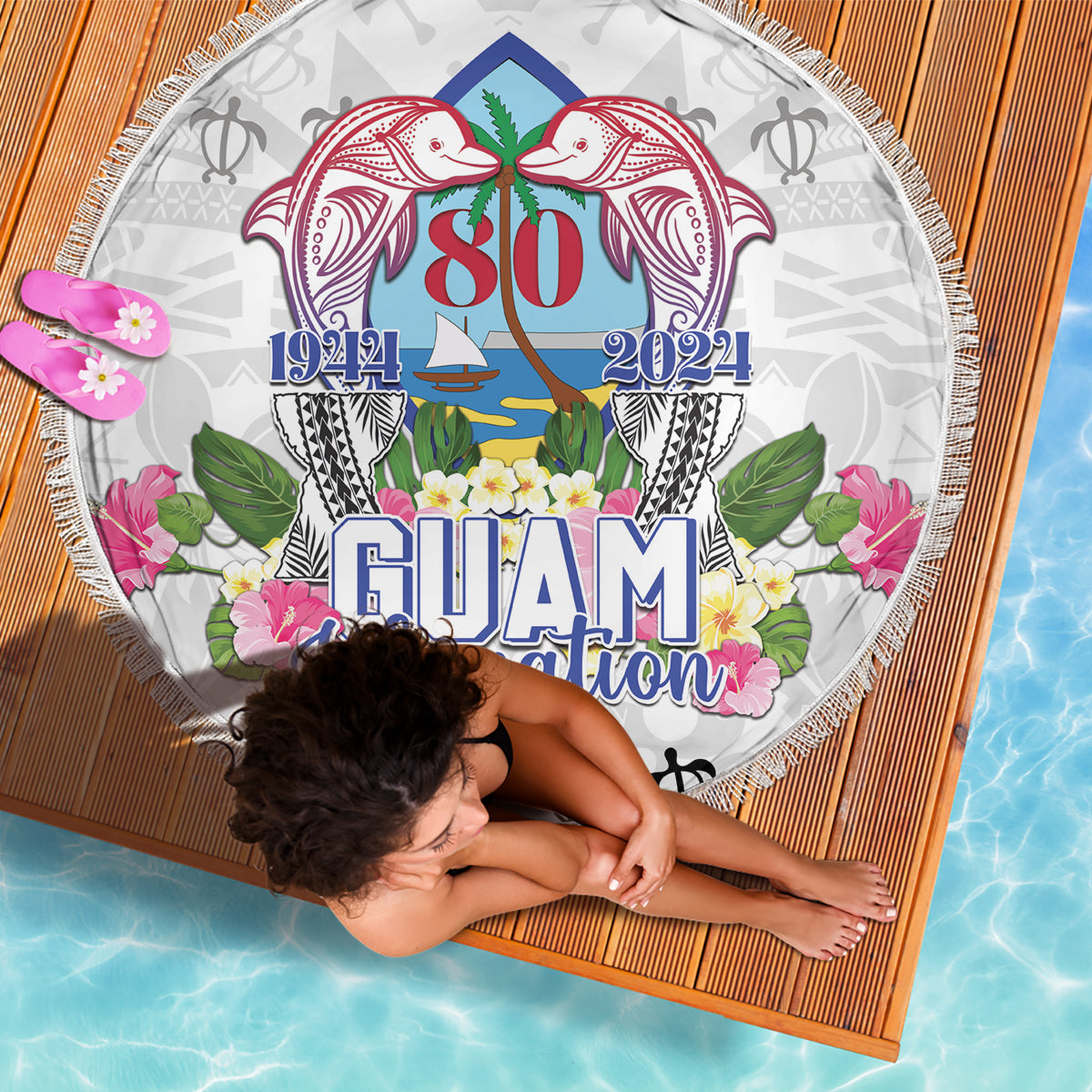 Polynesisches Muster mit Plumeria-Blumen Stranddecke Weiß LT05