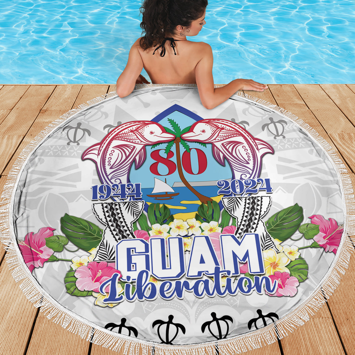 Polynesisches Muster mit Plumeria-Blumen Stranddecke Weiß LT05