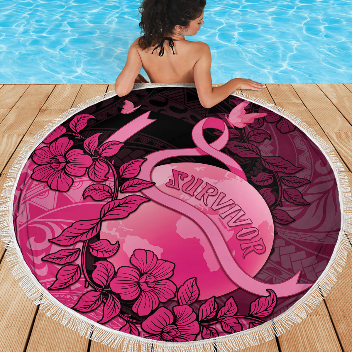 Polynesisches Muster mit Plumeria-Blumen Stranddecke Schwarz LT05