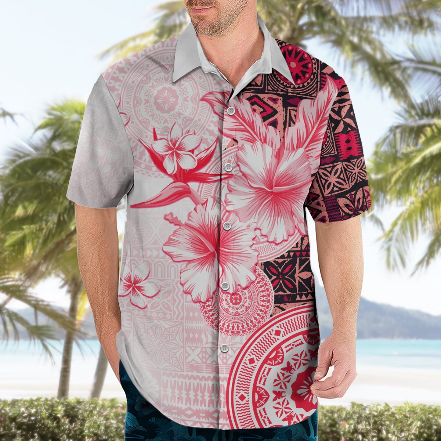 Fidschi Hawaiihemd Masi Tapa Muster Rot LT05