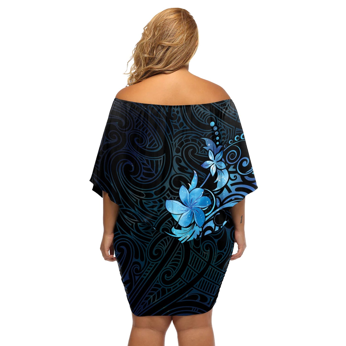 Matariki New Zealand Schulterfreies Kurzes Kleid mit blumen Maori Muster Blue Galaxy LT05
