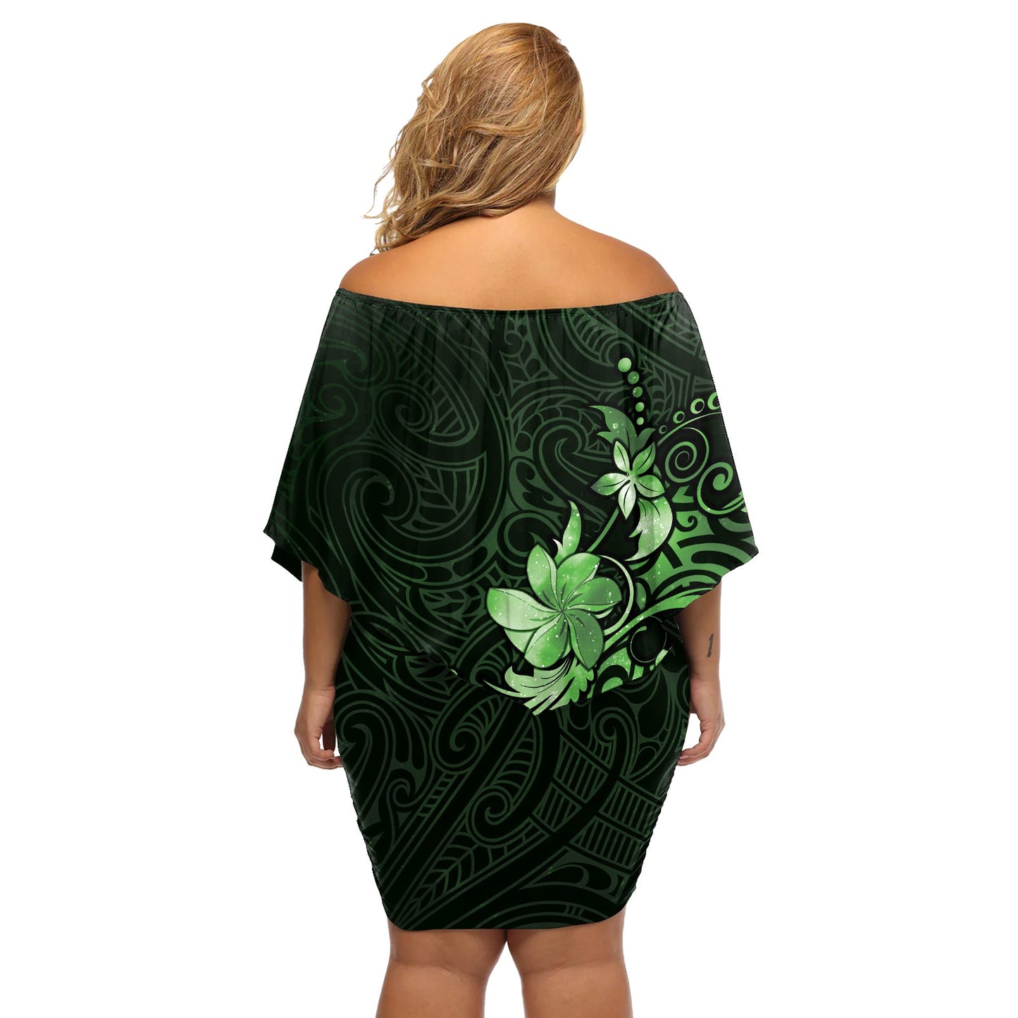 Matariki New Zealand Schulterfreies Kurzes Kleid mit blumen Maori Muster Green Galaxy LT05