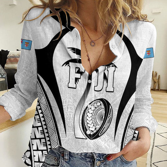 Custom Fiji Rugby Women Casual Shirt Fijian Warrior White