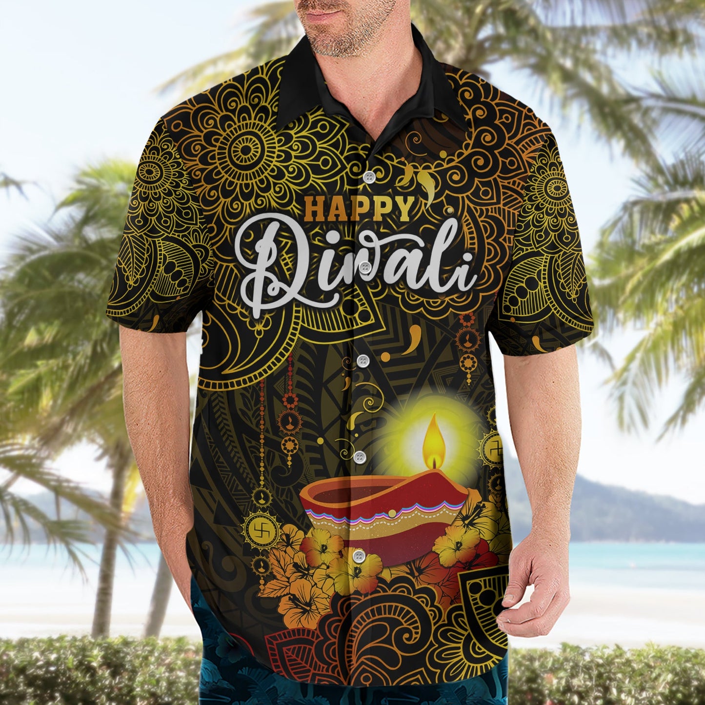 Happy Diwali Festival Hawaiihemd Diya Lampe Hibiskus Polynesisches Muster LT05