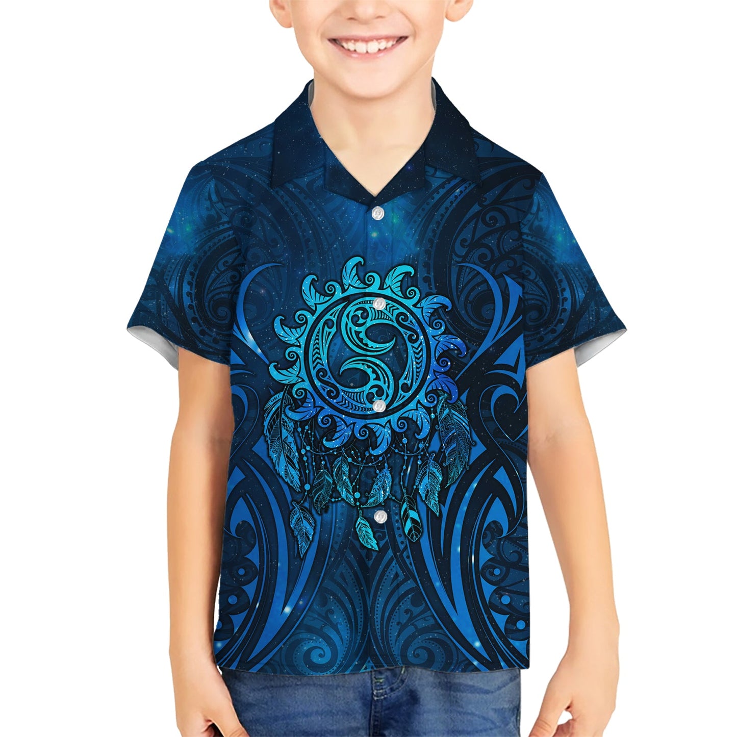 Neuseeland Traumfänger Hawaiihemd Maori Koru Muster Blaue Version LT05
