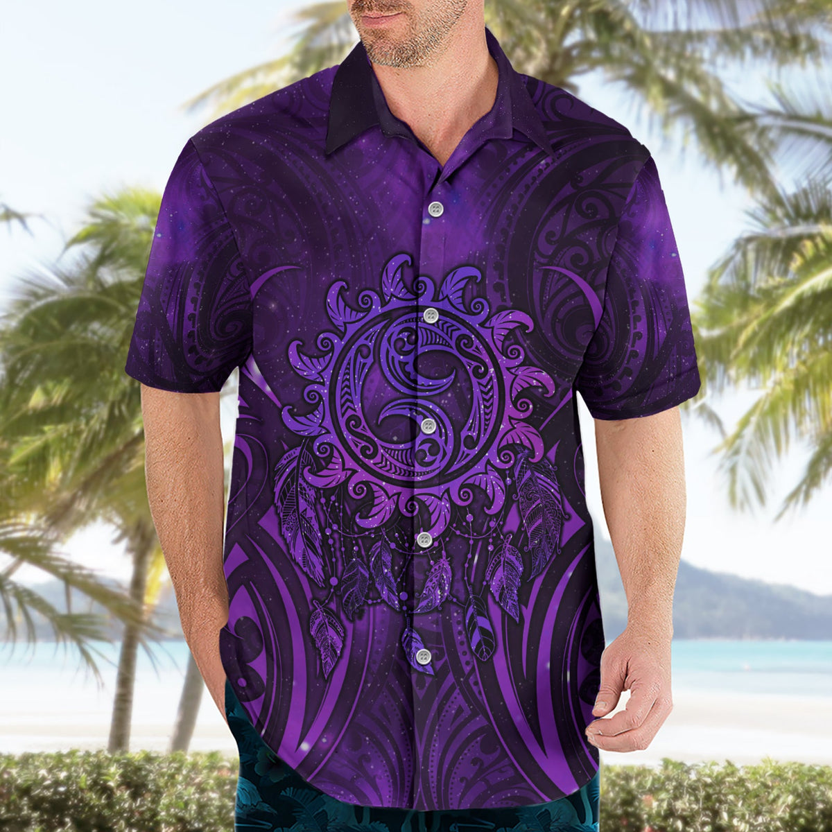 Neuseeland Traumfänger Hawaiihemd Maori Koru Muster Lila Version LT05