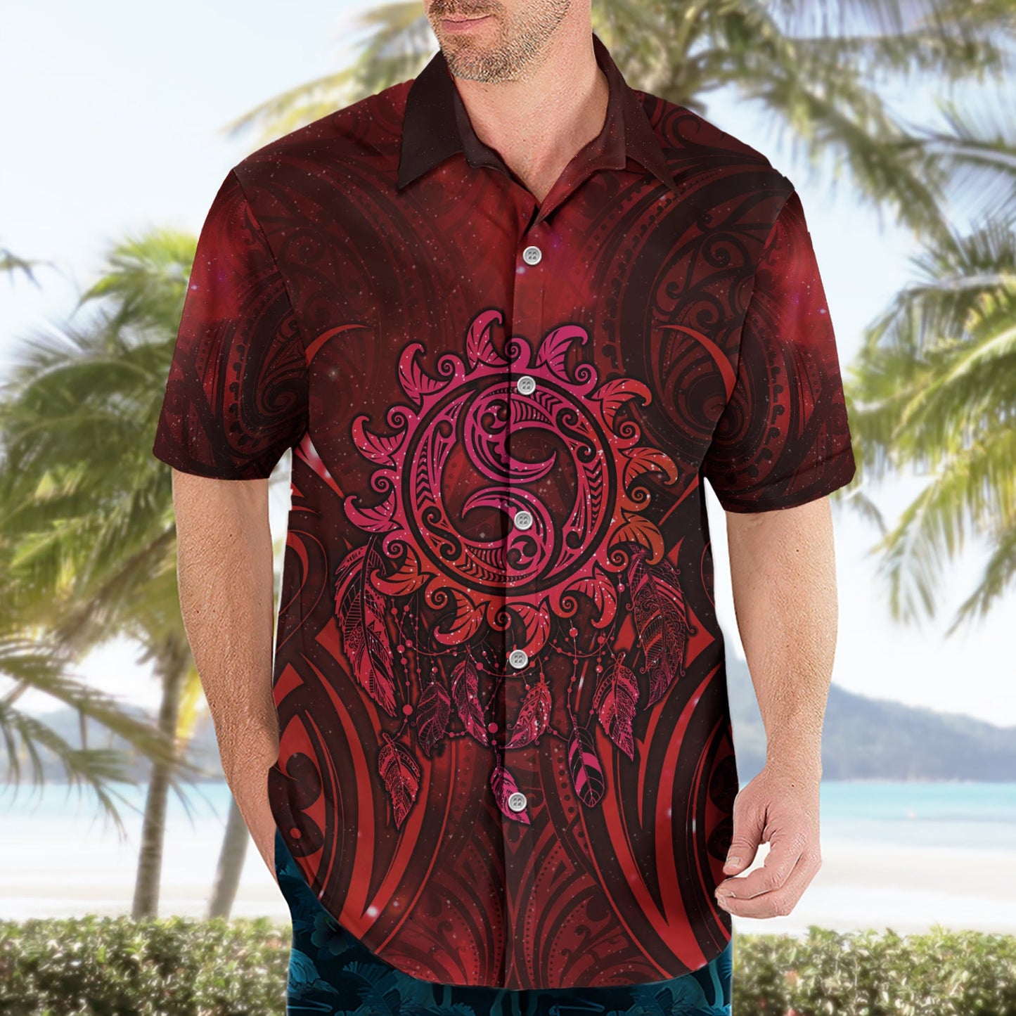 Neuseeland Traumfänger Hawaiihemd Maori Koru Muster Rote Version LT05