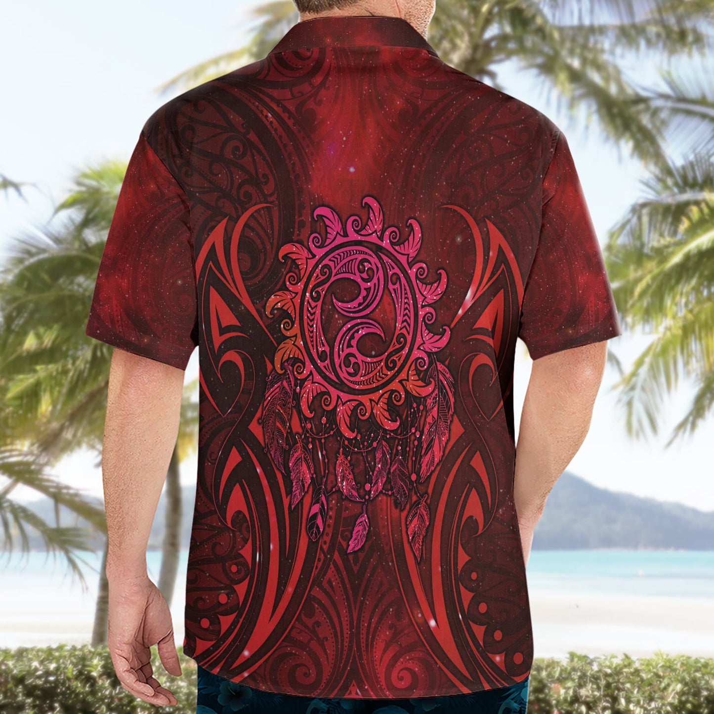 Neuseeland Traumfänger Hawaiihemd Maori Koru Muster Rote Version LT05