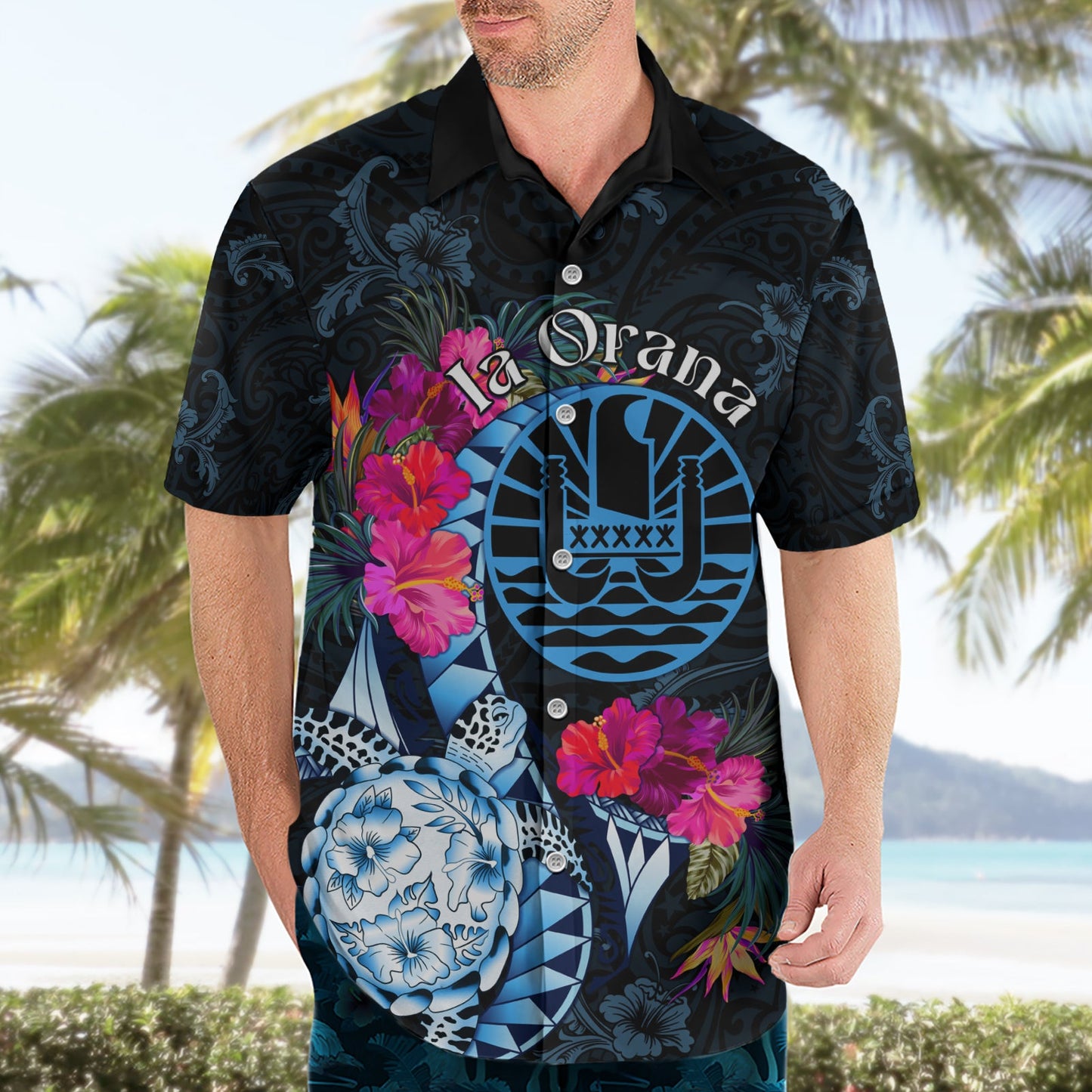 Tahiti Ia Orana Hawaiihemd Polynesische Schildkröte mit Wappen LT05