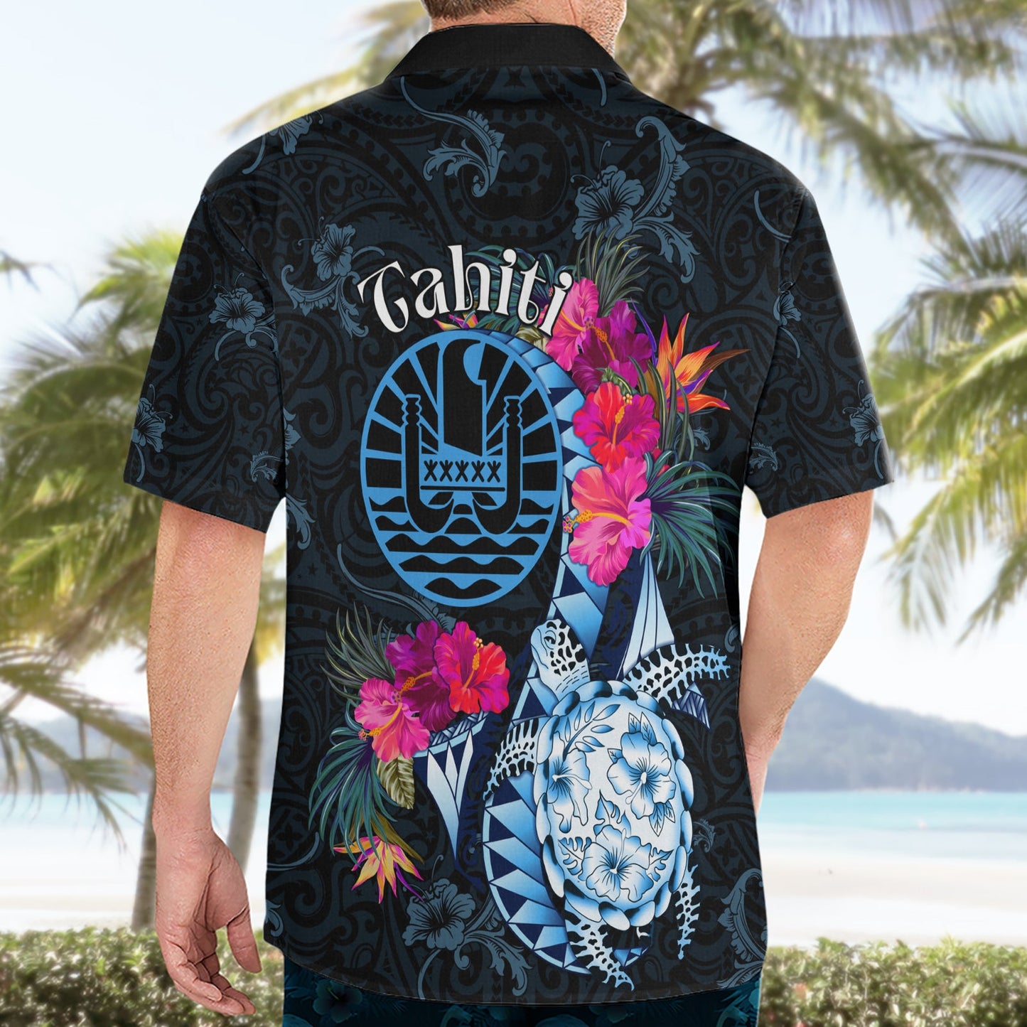 Tahiti Ia Orana Hawaiihemd Polynesische Schildkröte mit Wappen LT05