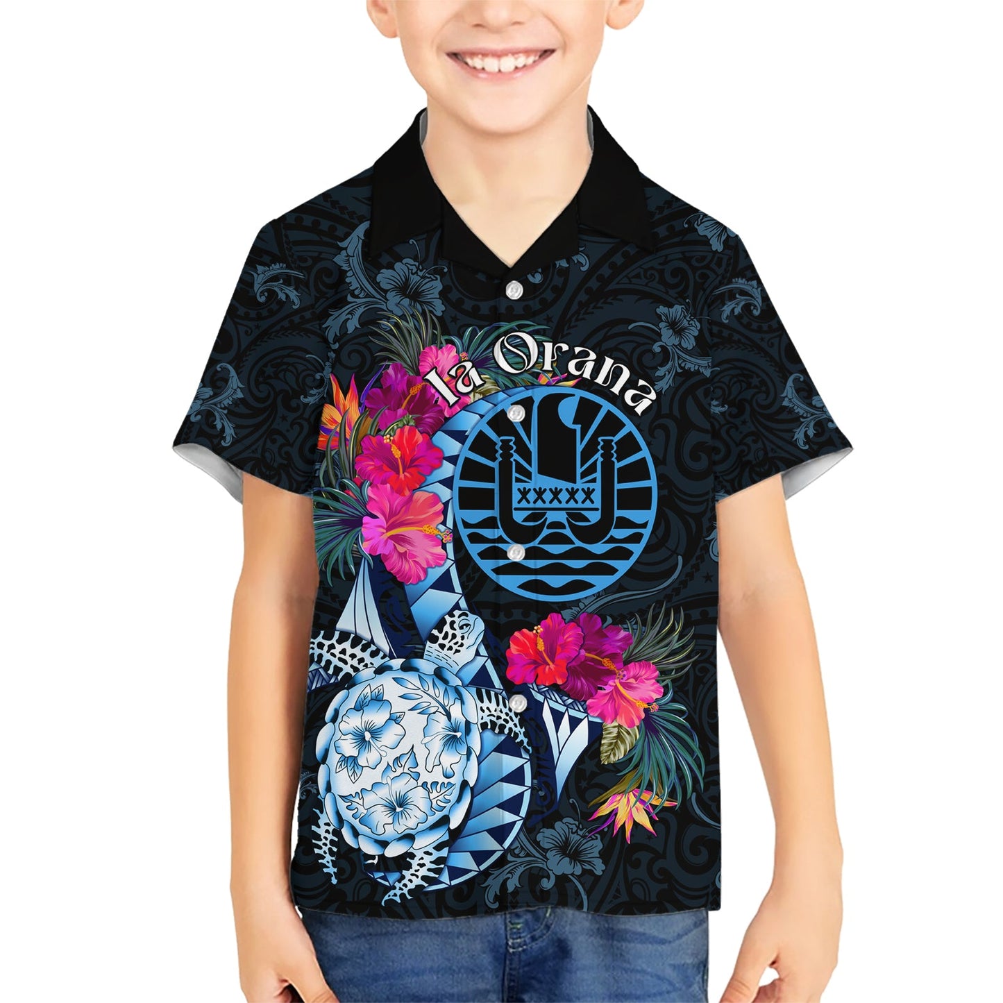 Tahiti Ia Orana Hawaiihemd Polynesische Schildkröte mit Wappen LT05