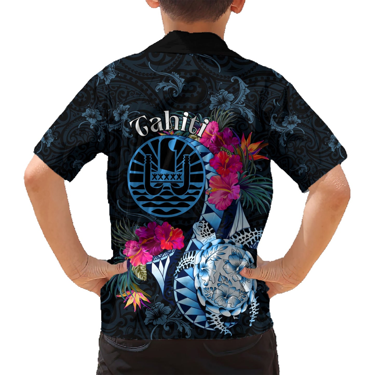 Tahiti Ia Orana Hawaiihemd Polynesische Schildkröte mit Wappen LT05