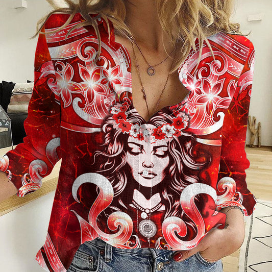 Hawaii Goddess Of Fire Madame Pele Women Casual Shirt Polynesian Style LT05 Female Red - Polynesian Pride