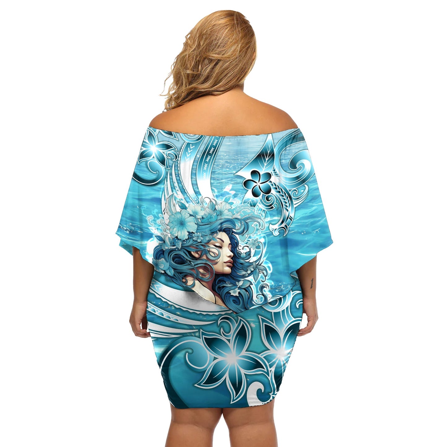 Hawaii Namaka Göttin des Meeres Schulterfreies kurzes Kleid blumen im polynesischen Stil LT05