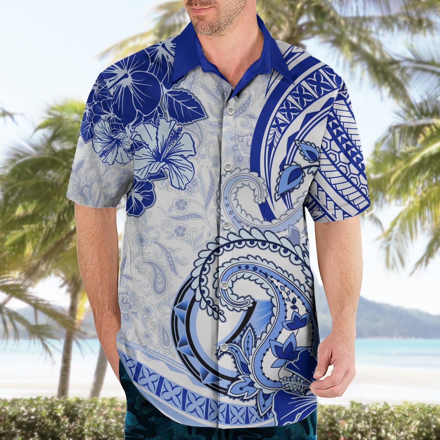 Polynesia Paisley Hawaiihemd Mix Marineblau Polynesianisches Muster LT05