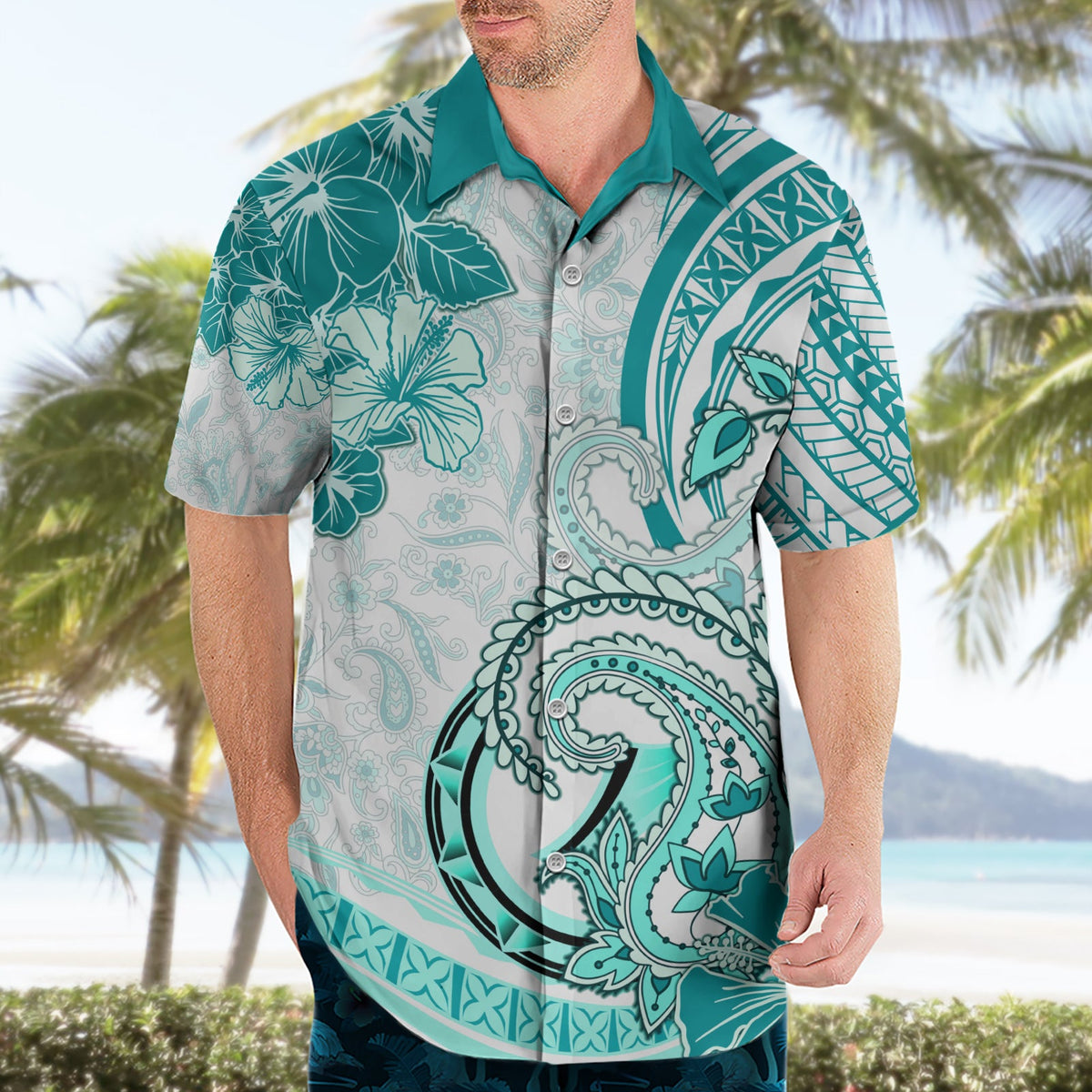 Polynesia Paisley Hawaiihemd Mix Teal Polynesianisches Muster LT05