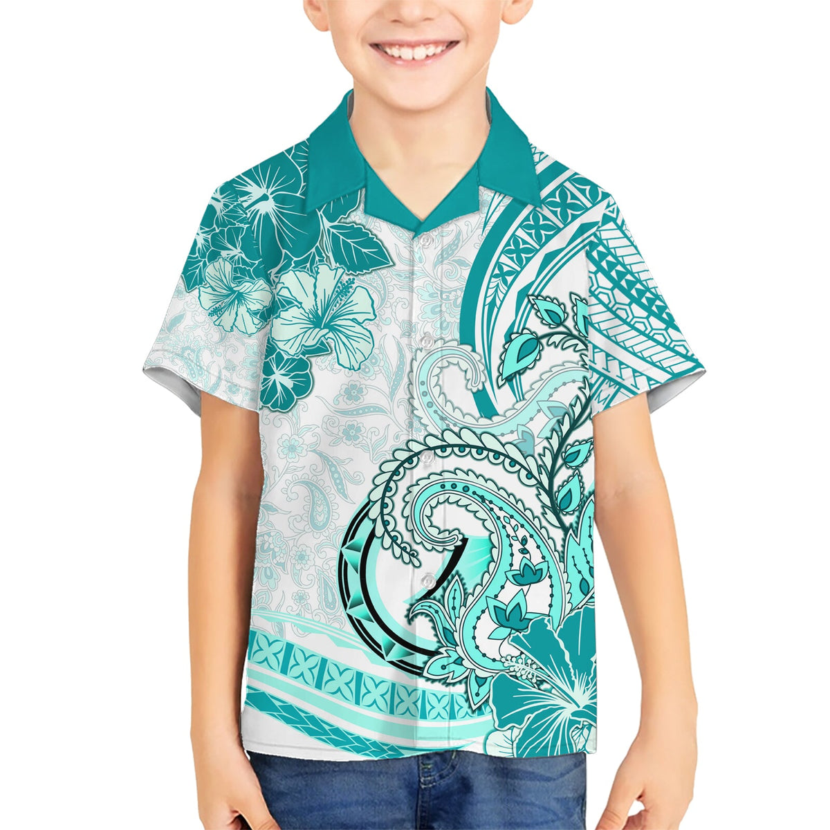 Polynesia Paisley Hawaiihemd Mix Teal Polynesianisches Muster LT05