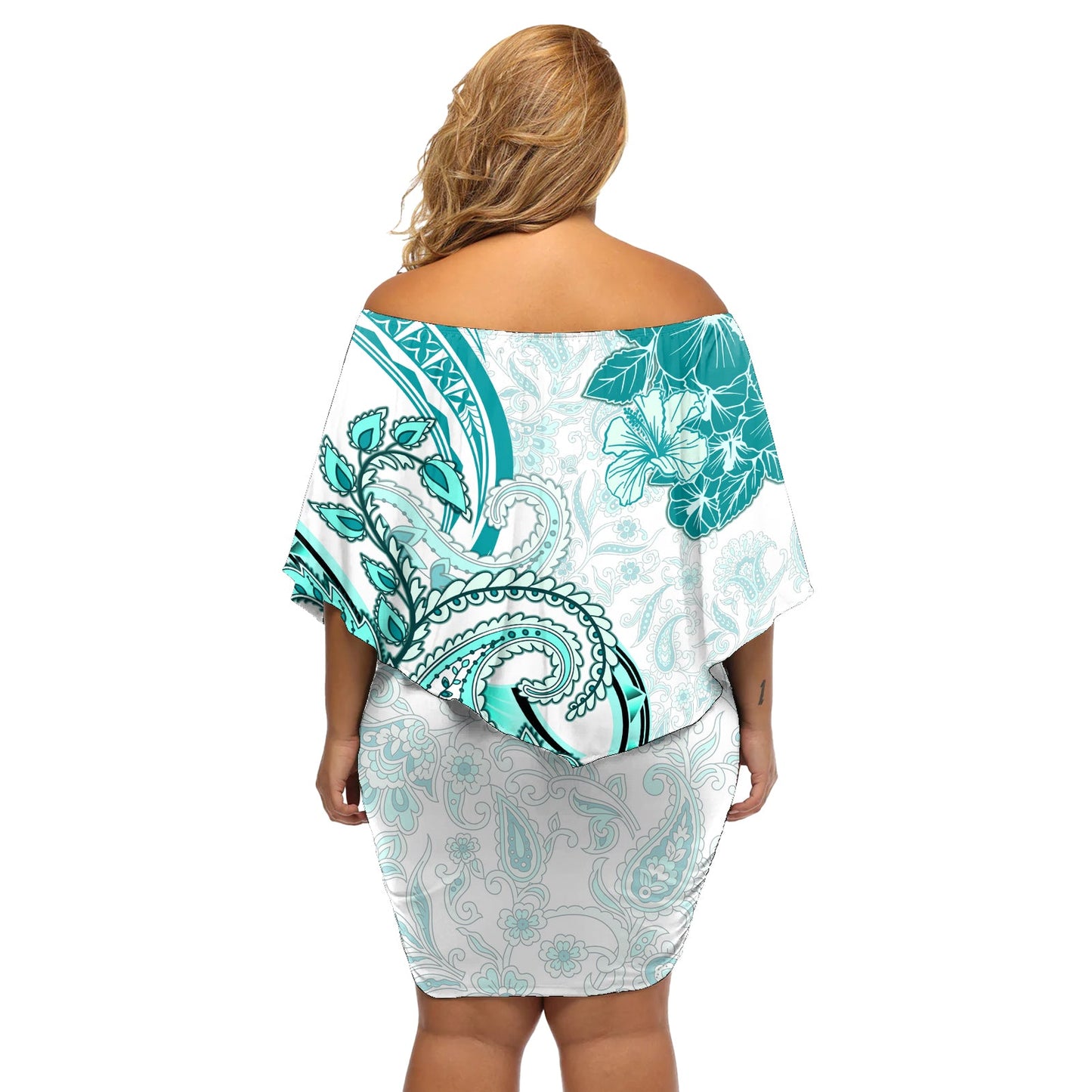 Polynesia Paisley Off Shoulder Kurzes Kleid blumen Mix Teal Polynesian Pattern LT05