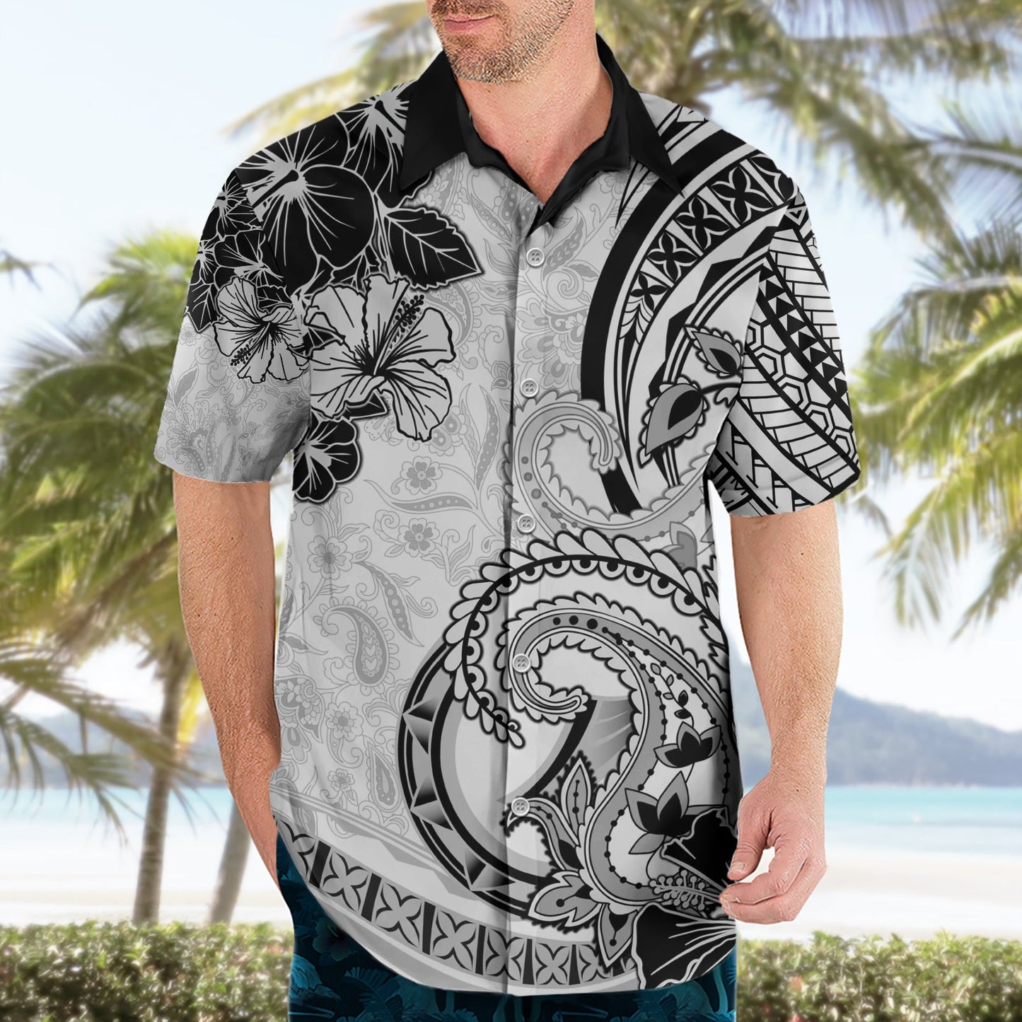 Polynesia Paisley Hawaiihemd Mix Weiß Polynesianisches Muster LT05
