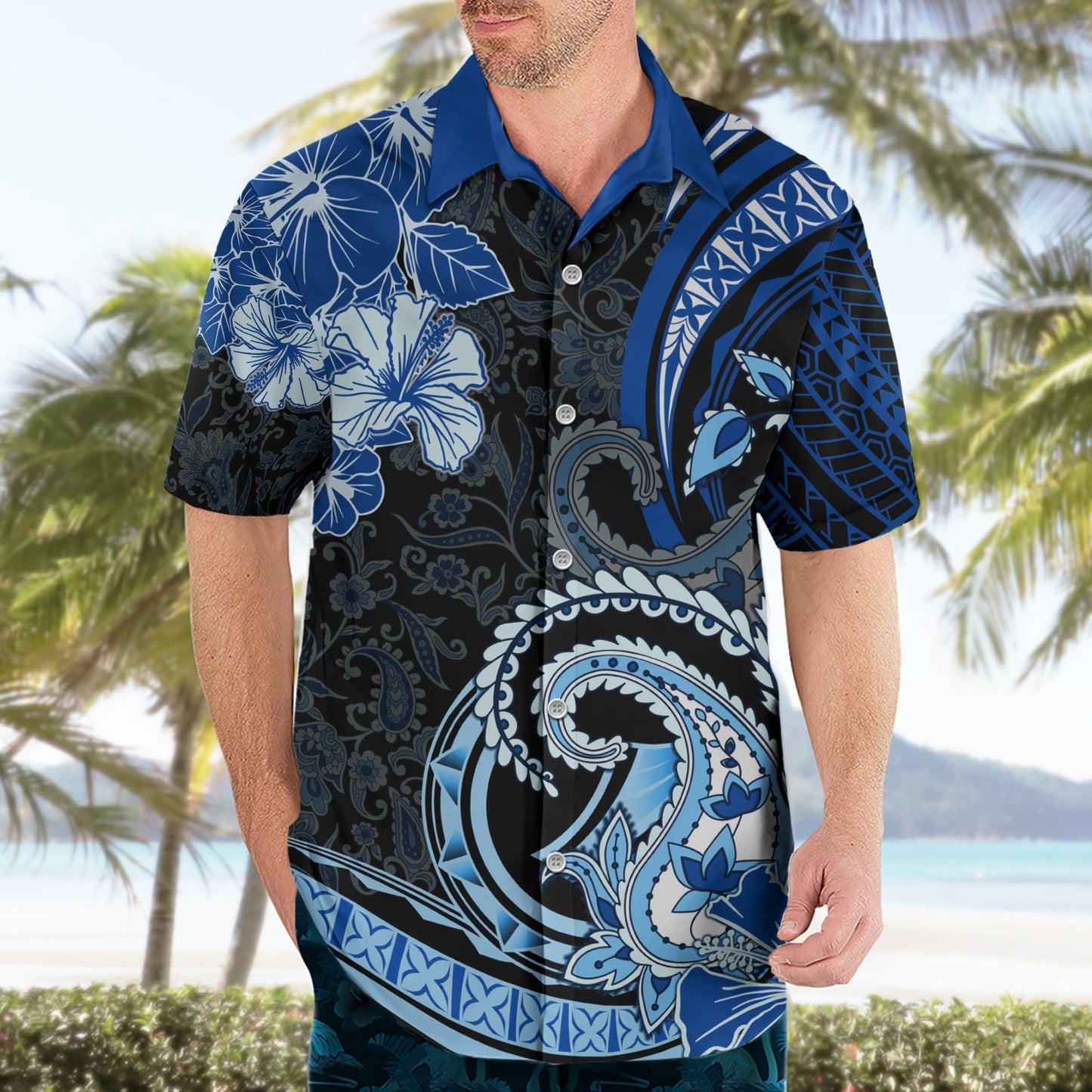 Polynesia Paisley Hawaiihemd Mix Blau Polynesianisches Muster LT05