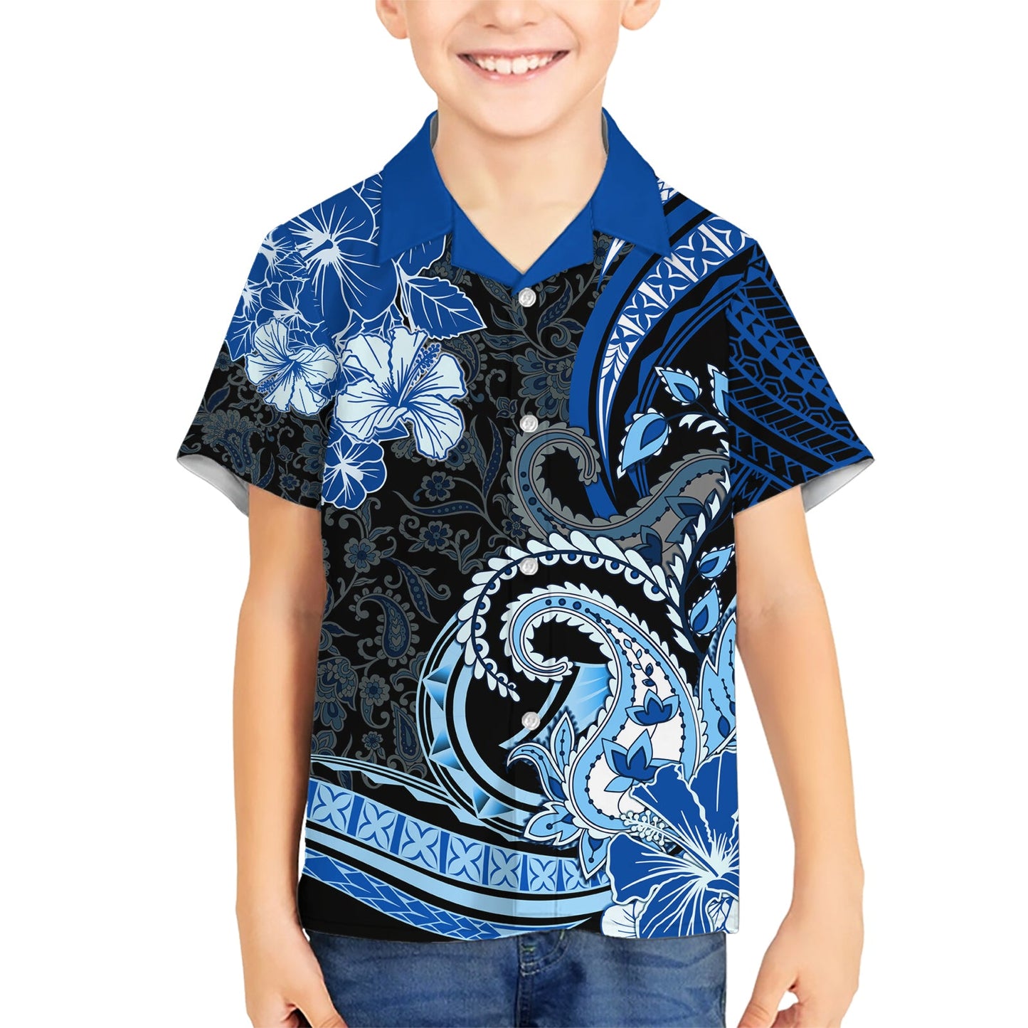 Polynesia Paisley Hawaiihemd Mix Blau Polynesianisches Muster LT05