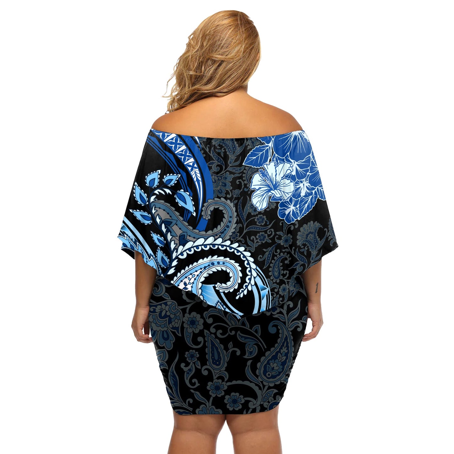 Polynesia Paisley Off Shoulder Kurzes Kleid blumen Mix Blau Polynesianisches Muster LT05