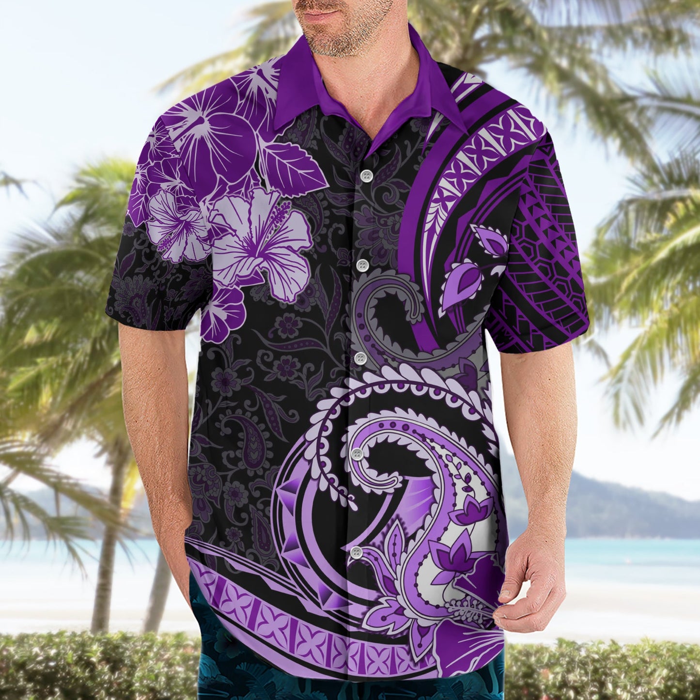 Polynesia Paisley Hawaiihemd Mix Lila Polynesianisches Muster LT05