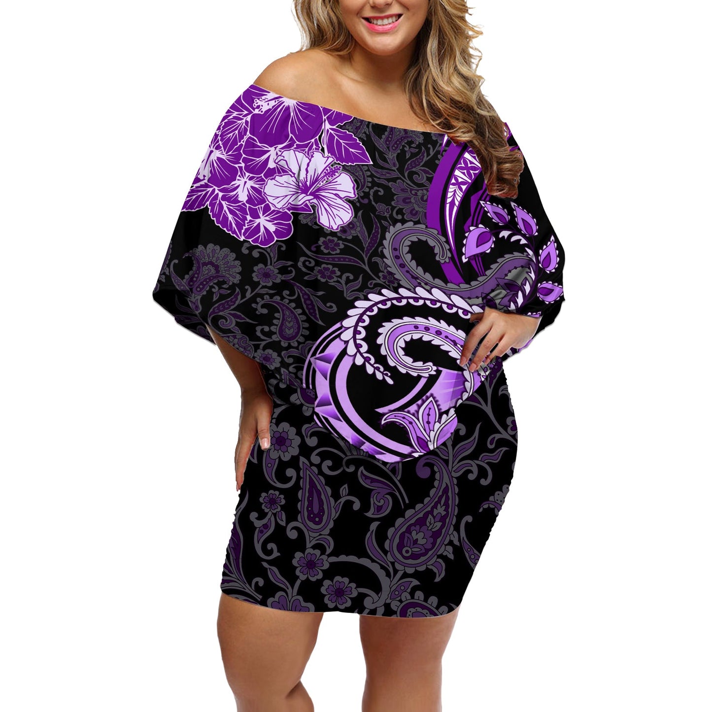 Polynesia Paisley Off Shoulder Short Dress Mix Purple Polynesian Pattern LT05 Women Purple - Polynesian Pride