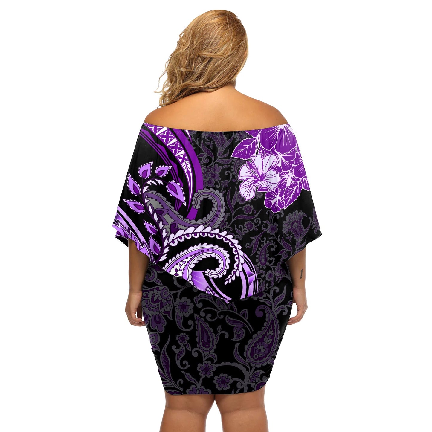 Polynesia Paisley Off Shoulder Kurzes Kleid blumen Mix Lila Polynesianisches Muster LT05