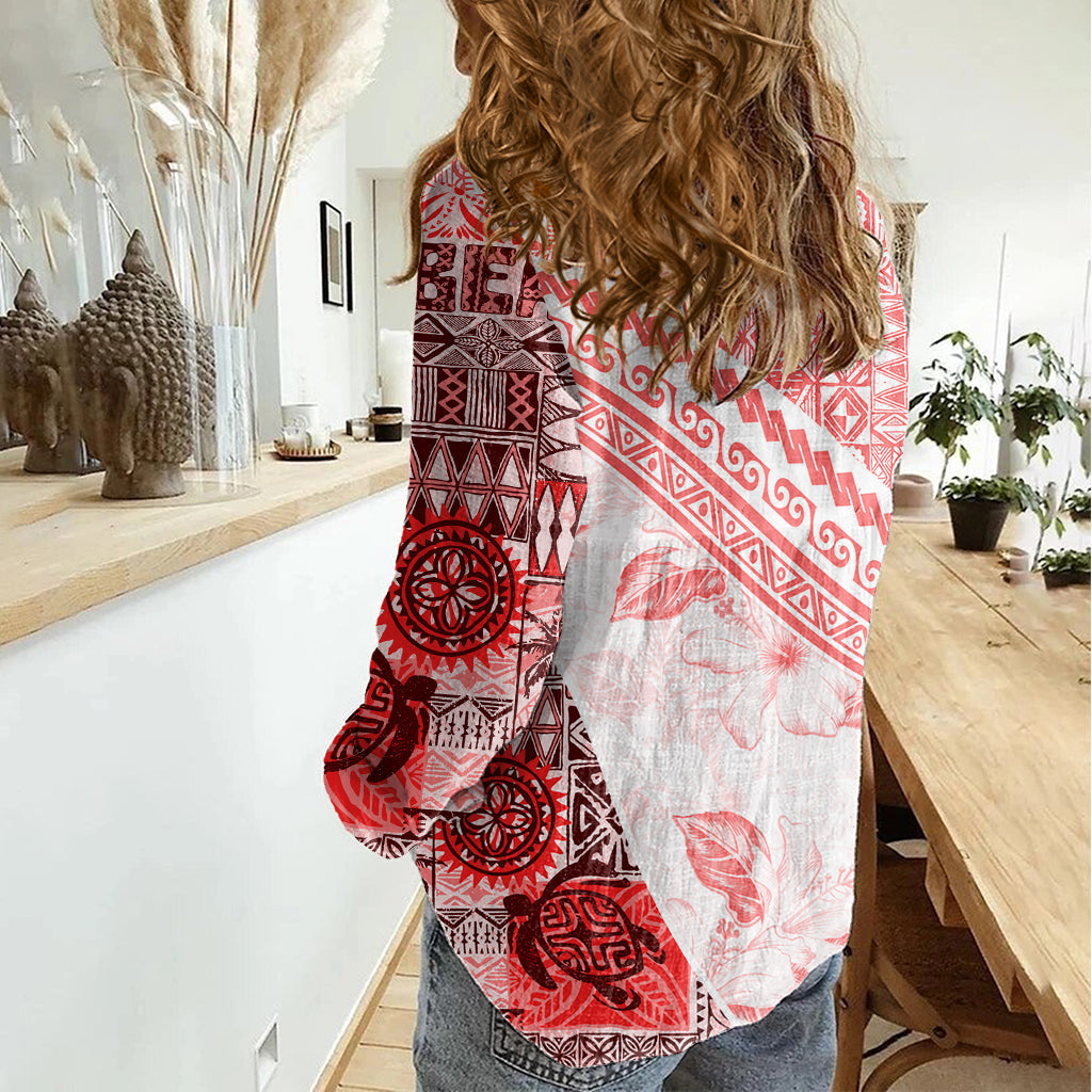 Hawaiianisches Tapa-Hemd für Damen, traditionelles Vintage-Muster, Rot, LT05