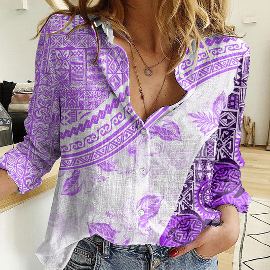 Hawaiian Tapa Women Casual Shirt Traditional Vintage Pattern Violet LT05 Female Violet - Polynesian Pride
