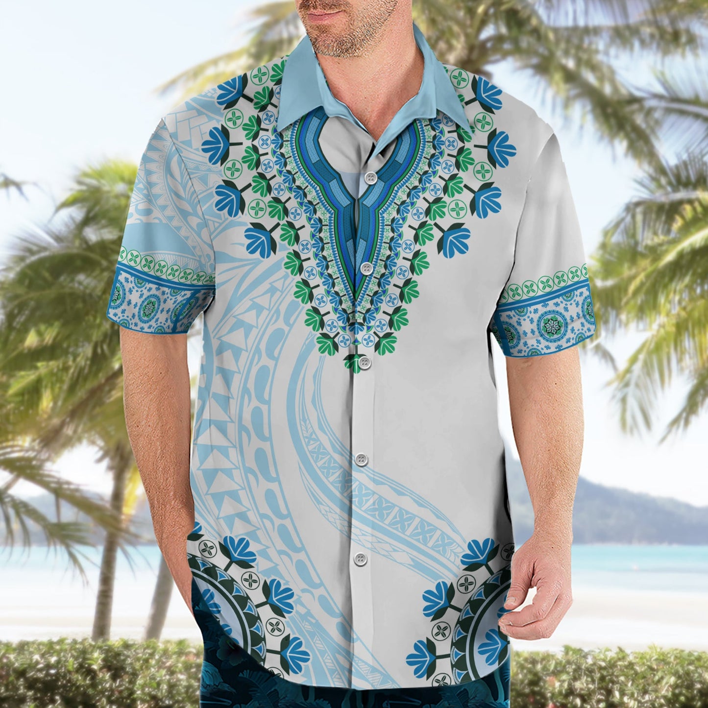 Afrika Dashiki Hawaiihemd mit polynesischem Muster Blaue Version LT05