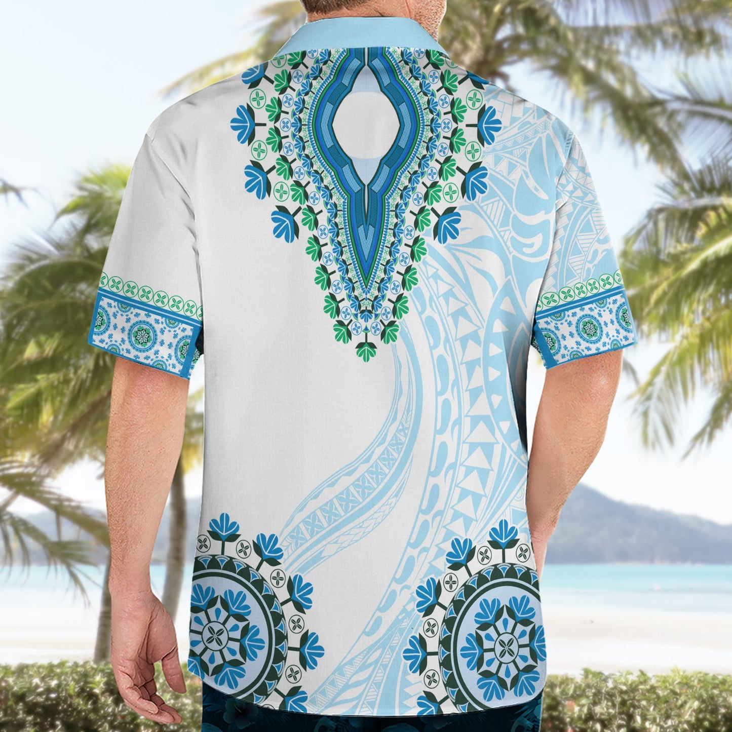 Afrika Dashiki Hawaiihemd mit polynesischem Muster Blaue Version LT05