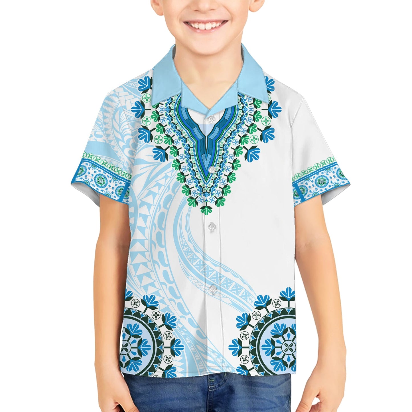 Afrika Dashiki Hawaiihemd mit polynesischem Muster Blaue Version LT05