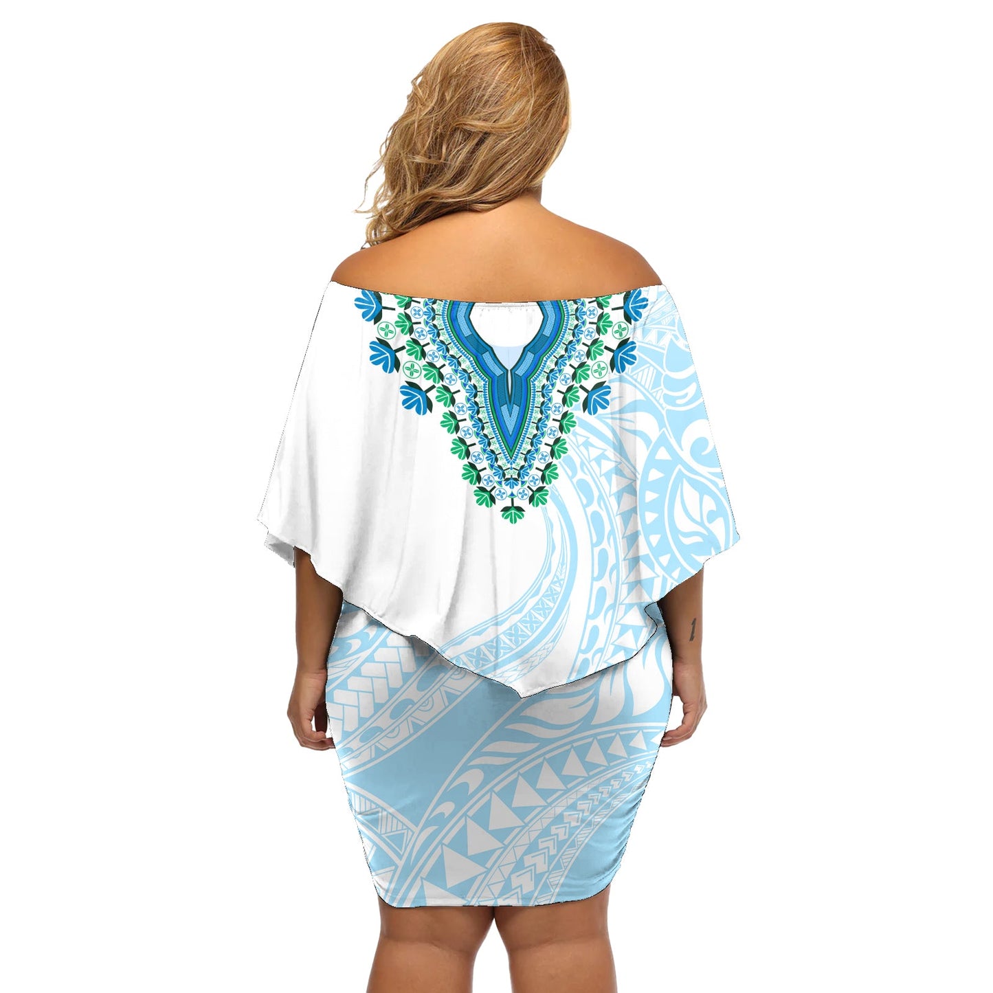 Afrika Dashiki Schulterfreies Kurzes Kleid blumen Mit Polynesischem Muster Blaue Version LT05