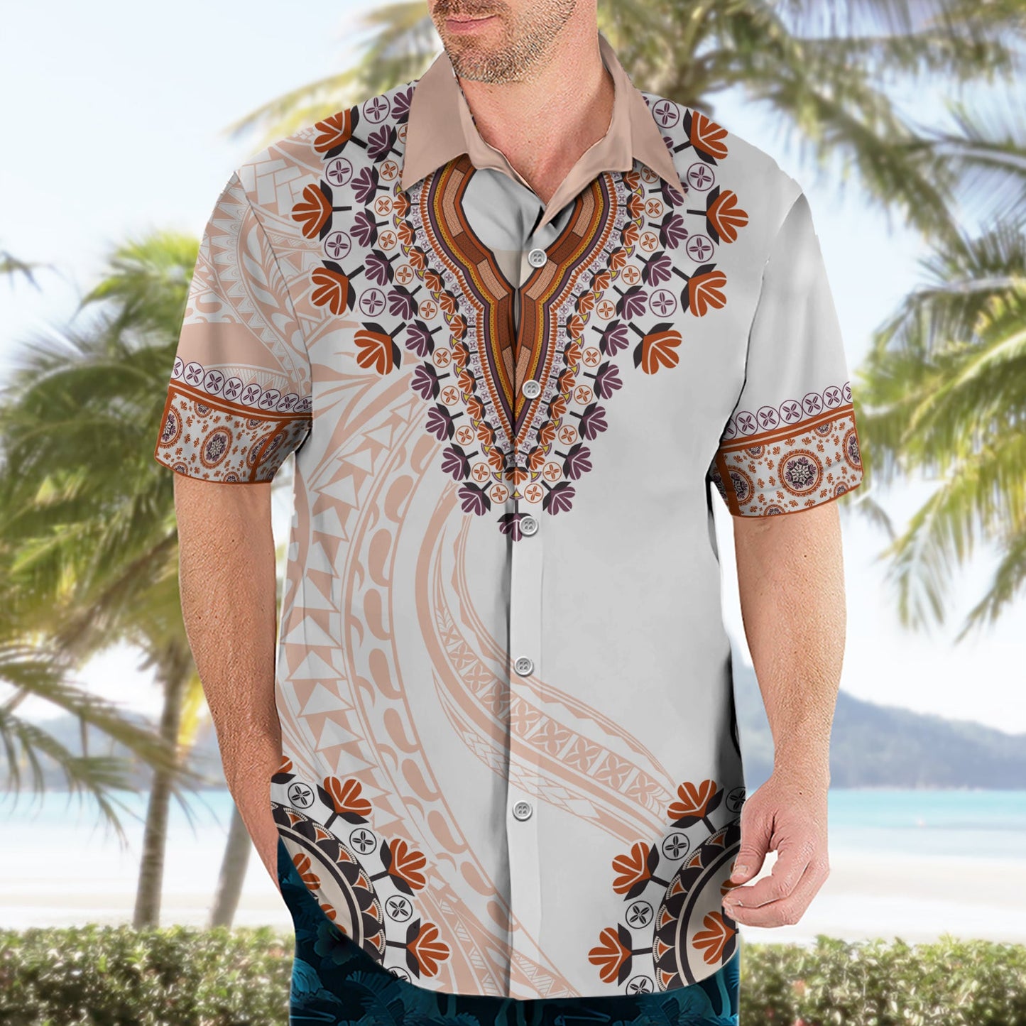 Afrika Dashiki Hawaiihemd mit polynesischem Muster Beige Version LT05