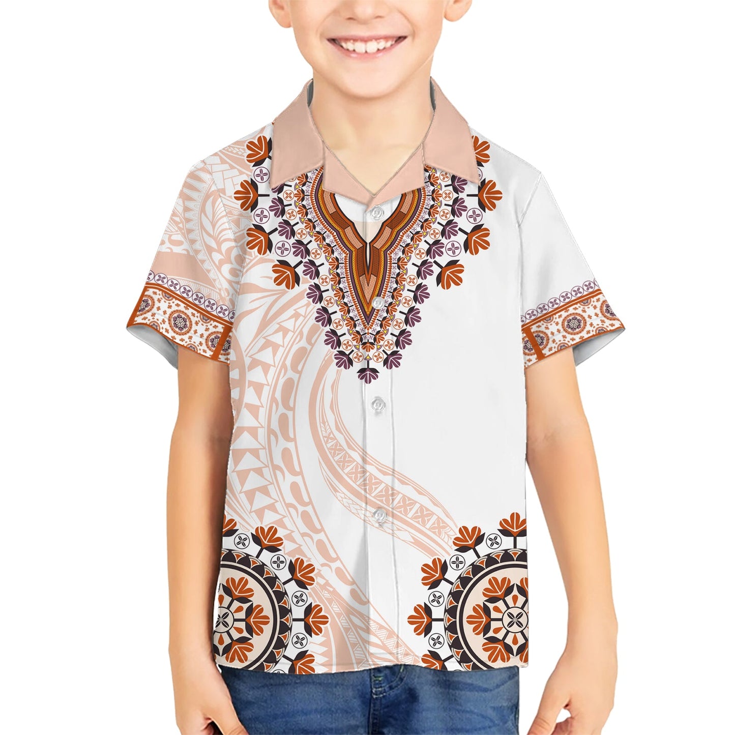 Afrika Dashiki Hawaiihemd mit polynesischem Muster Beige Version LT05